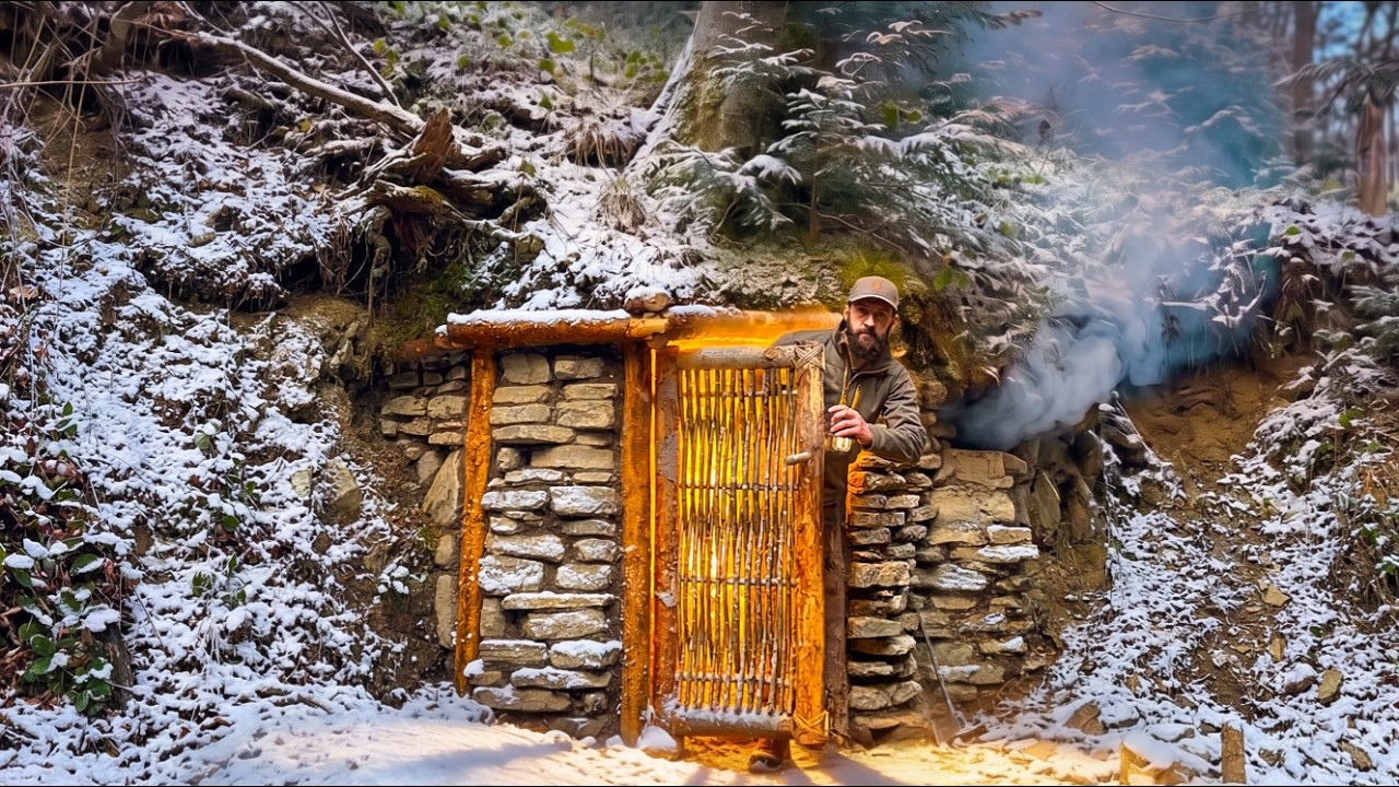 Stone Bunker Under a Tree Root | Fire Heated Bed. Bushcraft