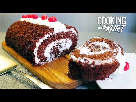 Red Ribbon-Inspired Black Forest Roll: Chocolate Sponge, Cherries, Whipped Cream | Cooking with Kurt