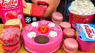 ASMR STRAWBERRY MOUSSE CAKE, RED CHEESECAKE ICE CREAM, MACARONS, YOGURT MASSIVE Eating Sounds