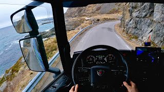 POV Driving Scania S560 - Andoya, Turist road along the Norwegian Sea.