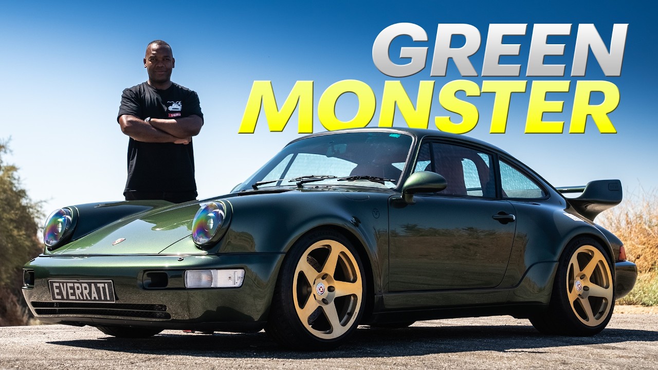 Everrati Evergreen electric Porsche 964 911 with RSR-inspired rear wing on a wet road