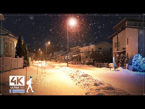 Gentle Snowfall Night Walk in Finnish Suburbs - Finland Slow TV 4K