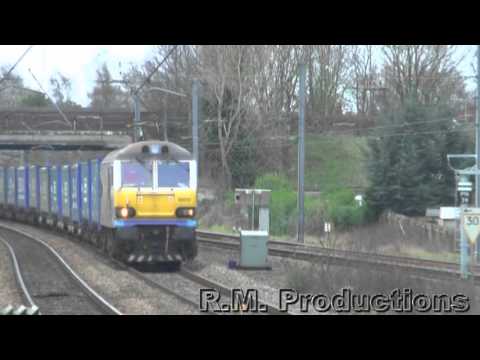 Stobart Rail liveried 92017 speeds through Leyland 25-02-12