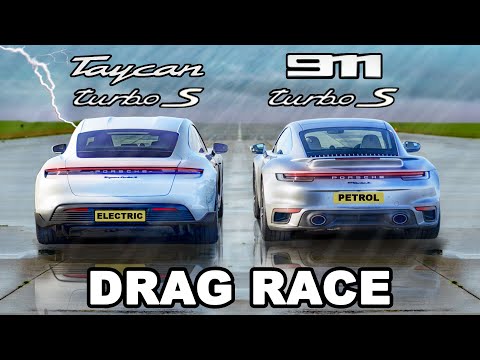 Porsche 911 Turbo S v Taycan Turbo S: WET DRAG RACE