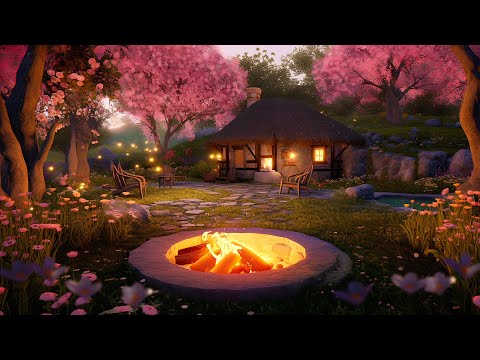 Spring Night Ambience with Campfire - Fireplace Sounds - Sleep Ambience - Hobbit Ambience