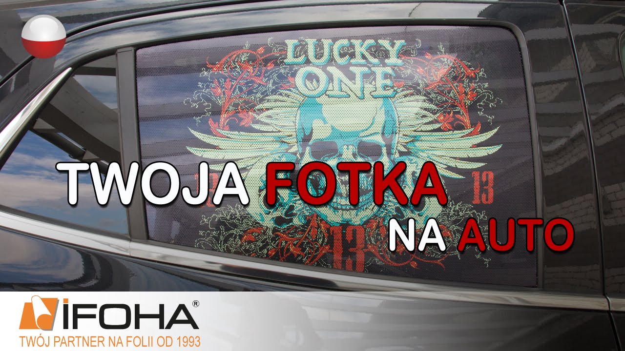 Folia przeciwsłoneczna z nadrukiem na szybę samochodową.