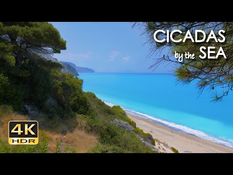 4K HDR Cicadas by the Sea - Ocean Waves & Cicada Sounds - Greek Island Beach Ambiance - Relax/ Sleep