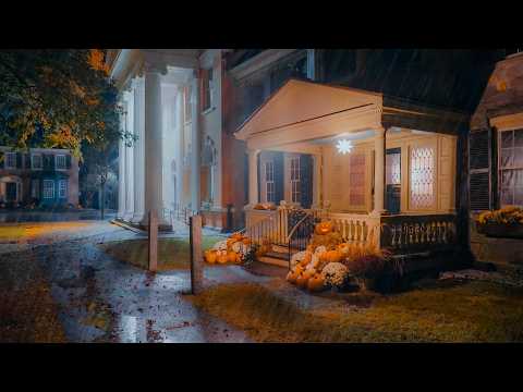 Rainy Autumn Night Walk in Woodstock, Vermont 🌧️ 🎃 - New England 4K | Binaural Audio (Umbrella Rain)