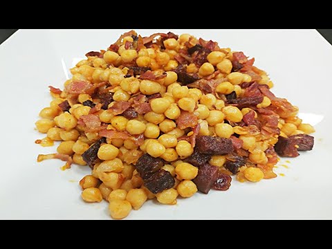 GARBANZOS FRITOS, CON CHORIZO Y PANCETA O JAMÓN, RECETA SENCILLA FACIL RAPIDA CASERA RICA Y DELCIOSA