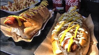 Super Loaded Hot Dogs Seen in London. Street Food of Camden Town