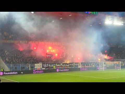 FC Basel fans celebrate goal v Olympique Marseille. Europa Conference League. St Jakob-Park