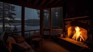 Calm Rain and Lakeside from a Warm Cabin | Fireplace Sounds to Ease the Mind