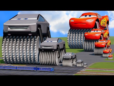Big & Small Double Monster Saw Wheels: Tesla Cybertruck vs Lightning Mcqueen vs Train | BeamNG.Drive