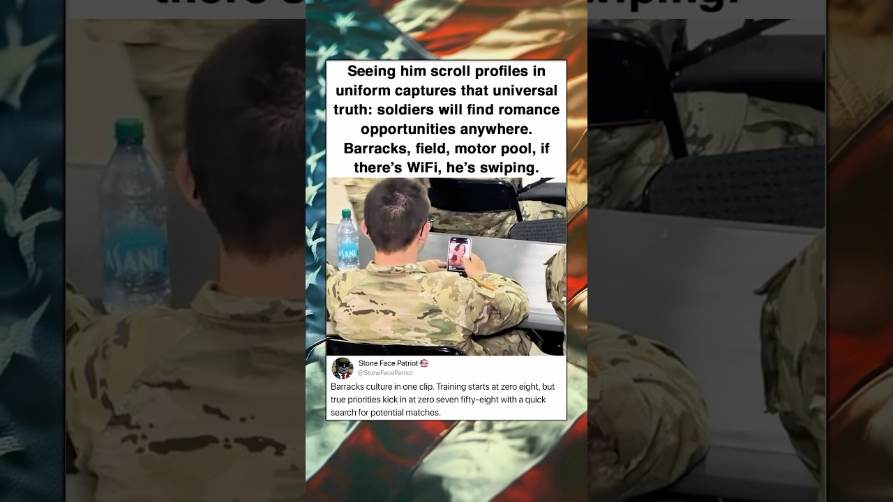 그가 군복을 입고 프로필을 스크롤하는 것을 보면 군인들은 로맨스를 찾을 것이라는 보편적인 진실을 포착하게 됩니다.