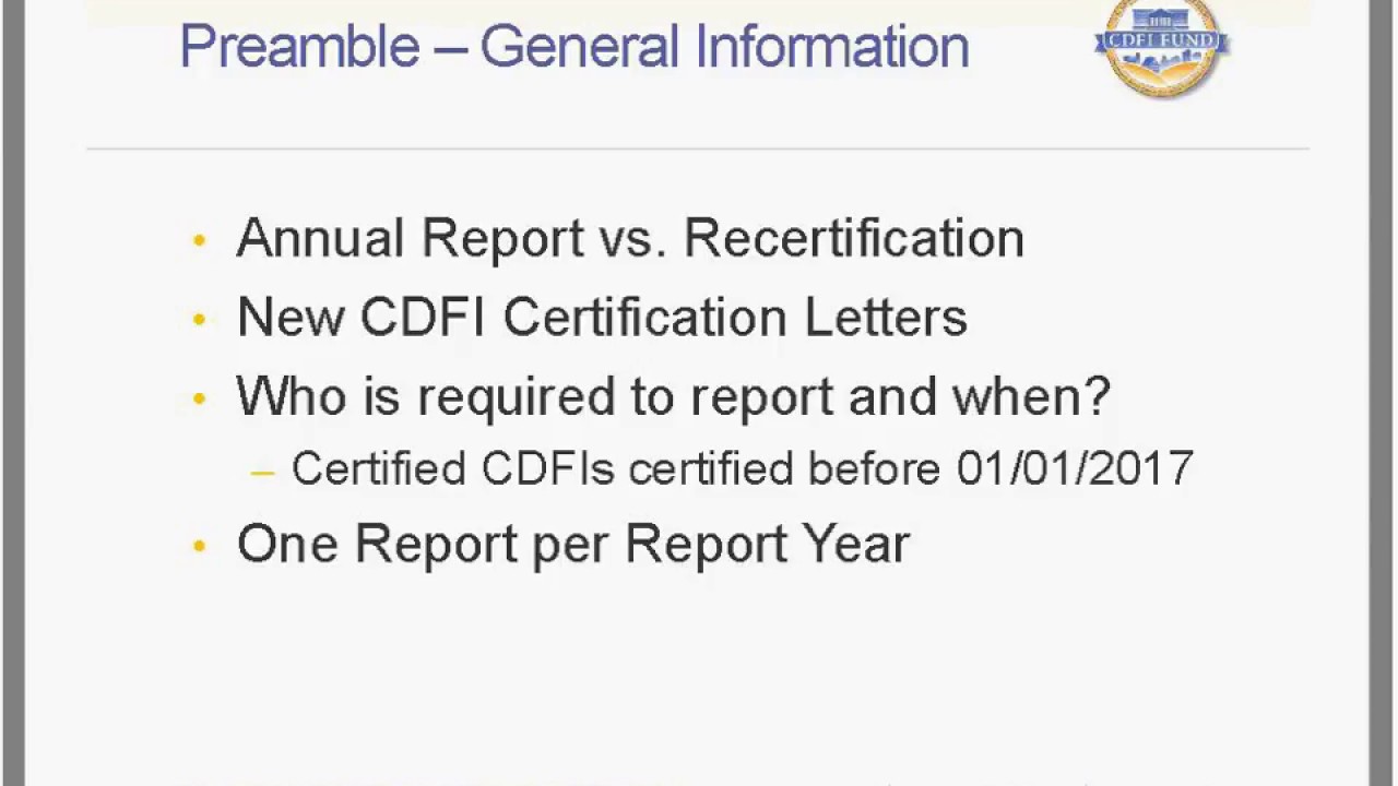 CDFI Certification Annual Report Training Webinar