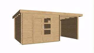 KARIBU Gartenhaus Trittau 3, naturbelassen, Fichtenholz 40mm, 616,5 x 297 x 217 cm, Pultdach, Anbau 3,3m