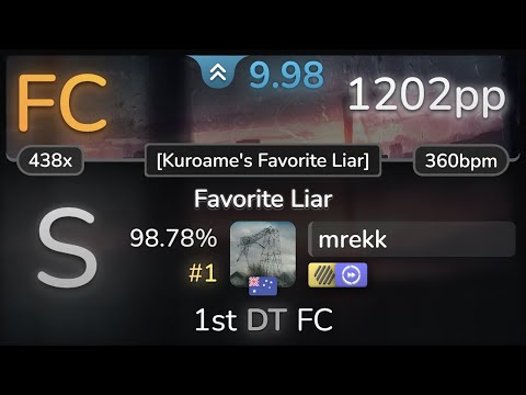 9.98⭐ mrekk | The Wrecks - Favorite Liar [Kuroame's Favorite Liar]+HDDT 98.78% FC #1 | 1202pp - osu!