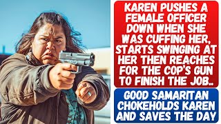 Karen Swings At A Female Cop & Reaches For Her Gun During Arrest.. Gets Slammed Down By A Hero!