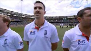 Matthew Broadbent sings the National Anthem at the Ashes, Brisbane