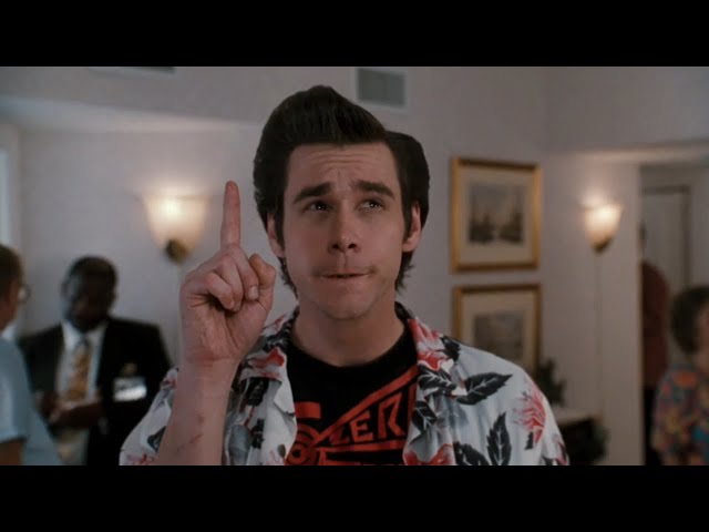Vídeo relacionado con Ace Ventura Pet Detective - Camiseta para hombre con texto en inglés "Id Like to Ass You A Few Questions Carrey", Negro, M