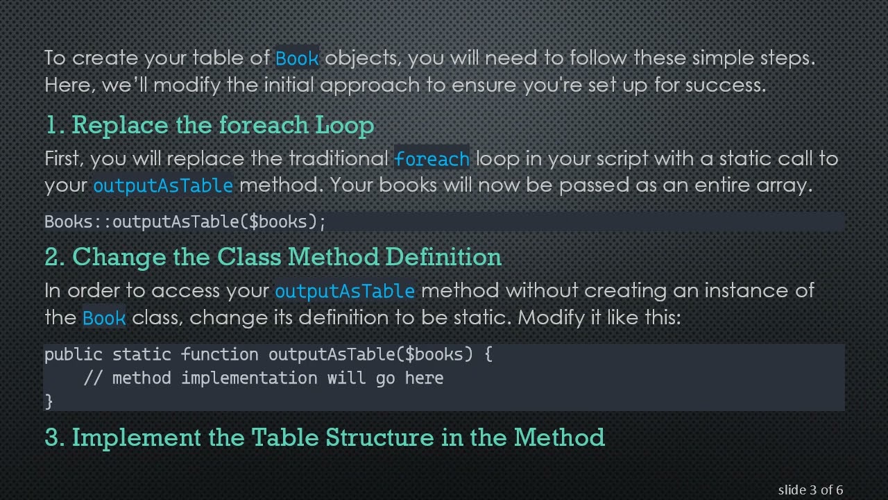 Creating a HTML table in PHP to Display New Objects