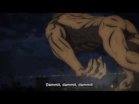 Eren using the Jaw Titan as a Nutcracker to eat the Warhammer Titan