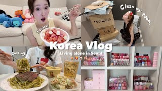 【Vlog】韓国一人暮らし4年目🏡🇰🇷大食い&大掃除で気分転換🐷🍣🍟汚部屋大公開😇💦新しい家具とお部屋の飾り付け🧸🛋️韓国雑貨巡り🛍️