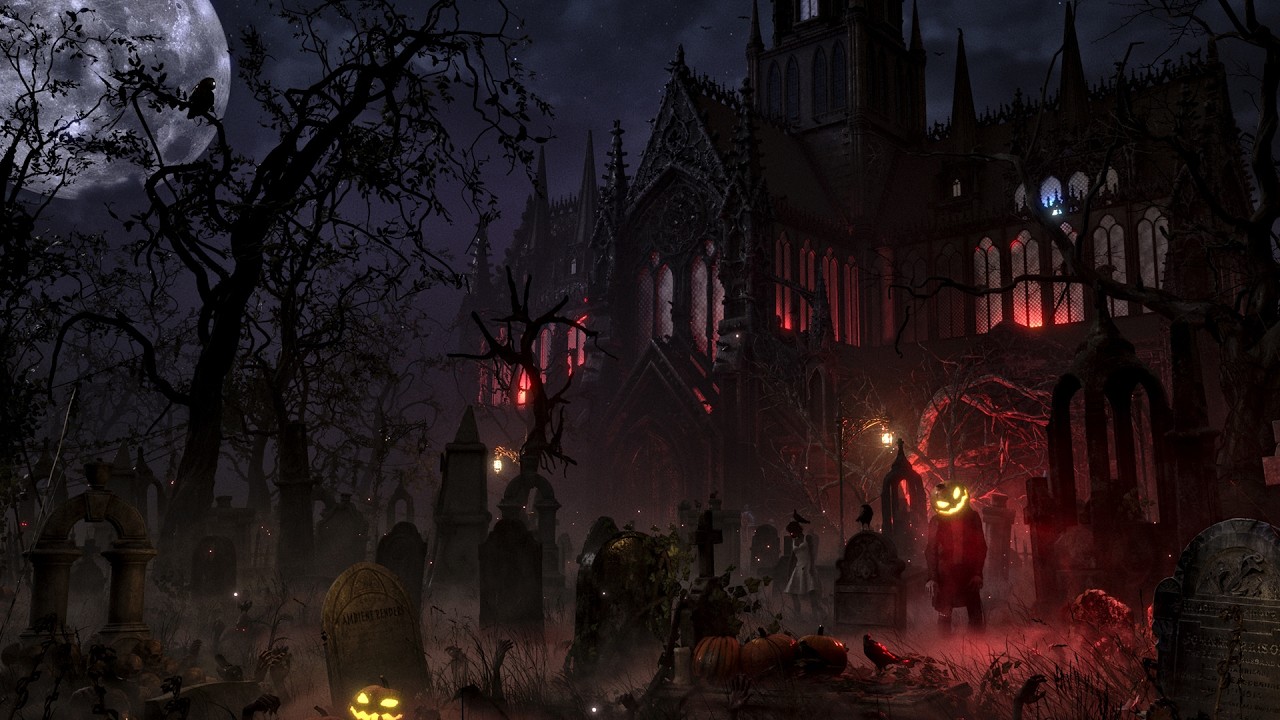 Spooky Halloween Ambience | GraveYard Zombies | Owl Hoots & Gentle Wind | Gothic Church | 4K