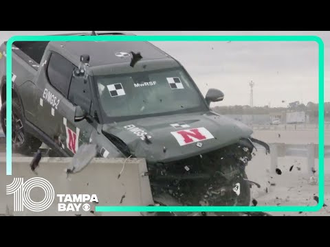 Rivian R1T crash-tested against guardrail