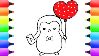 CUTE PENGUIN with Heart Balloon - Valentine's Day Drawings and Love Drawings (KAWAII Style!)