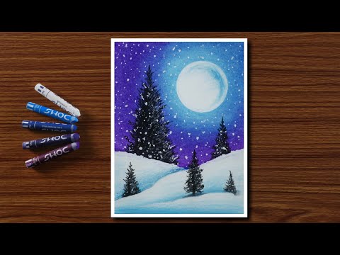 Easy Winter Snowfall Scenery Drawing for Beginners with Oil Pastels - Step by Step