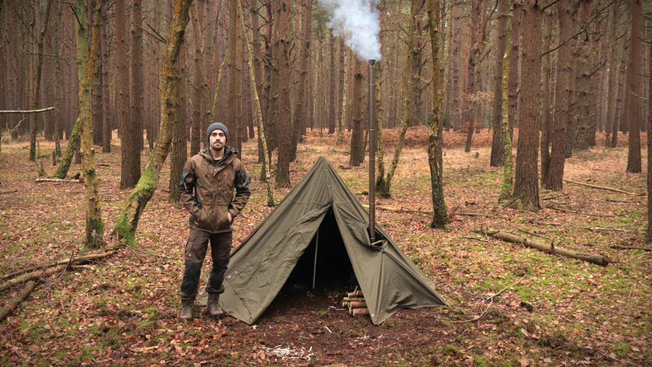 Hobbit Tent Camping with a Woodstove - Bushcraft, Knife, Backpack Early Winter Camp