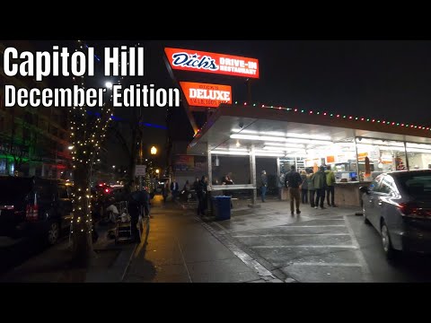 Capitol Hill Neighborhood in Seattle, Washington at night in December 2019 4K Virtual Walking Tour