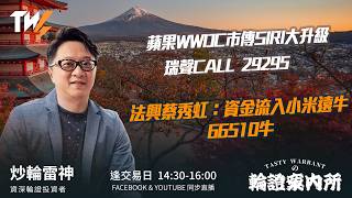 蘋果WWDC市傳SIRI大升級 瑞聲CALL  29295 法興蔡秀虹：資金流入小米遠牛 66510牛｜雷神 Lino｜Tasty Warrants 2026-06-08