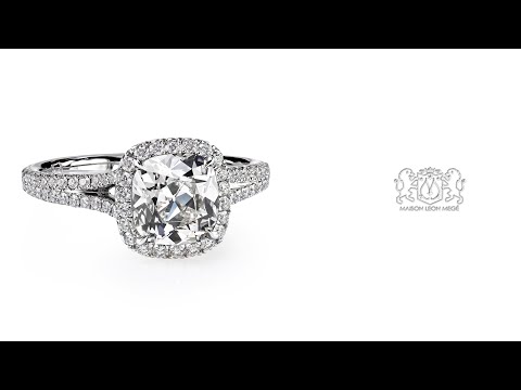 Leon Megé Split shank micro pave halo ring with a True Antique™ cushion diamond r6181