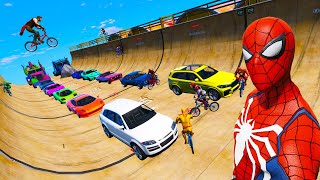 GTA Legacy 3 níveis na rampa com Super-heróis Carros Bicicletas, Сarros a Jato e Voando Sobre a água