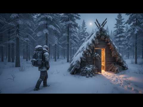 Surviving the Night ❄️🌲 Hidden from the Snowstorm — A Primitive Log Shelter | Nature ASMR