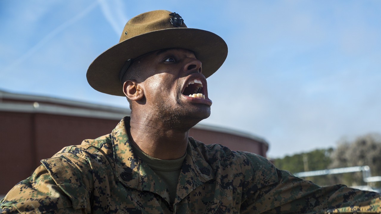 New United States Marine Recruits Learn to March Close Order Drill at Parris Island, S C