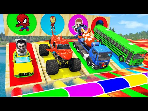 Big & small monster truck potholes flatbed trailer truck vs speedbumps train - Car vs Train - BeamNG