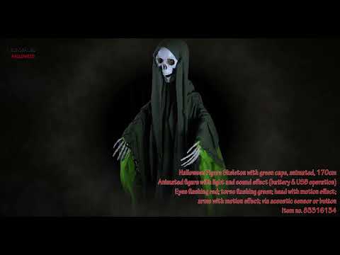 EUROPALMS Halloween Figur Skelett mit gr?nem Umhang, animiert, 170cm