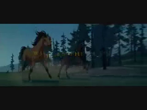 Closing frame from Spirit trailer showing Spirit and Rain silhouetted against a sunset