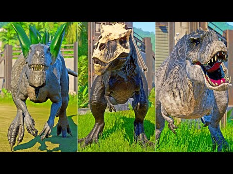 T-REX vs V-REX, Zilla, Spinosaurus Dinosaurs Fighting & Escape in Isla Nublar - Jurassic World