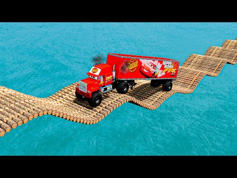 Monster Truck Mack vs Impossible Log Wave Bridge Crossing Cars Vs Deep Water - BeamNG.Drive