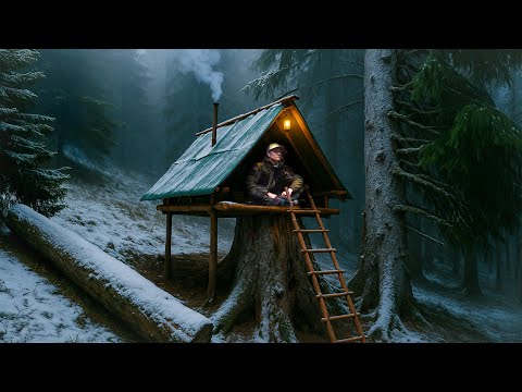 Building a cozy Survival Shelter on a Tree Stump | Solo Bushcraft