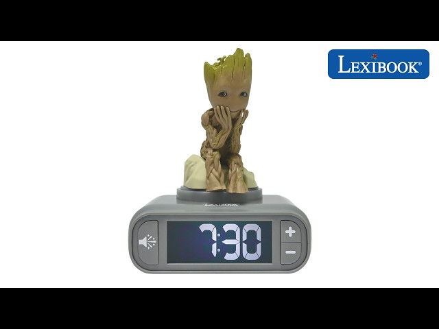Vídeo relacionado con LEXIBOOK, Marvel Guardianes de la Galaxia, Reloj Despertador con luz Nocturna Groot, Sonidos y melodías, Pantalla LCD retroiluminada, Iluminado, Snooze, Gris/Marrón, RL800GGLXB