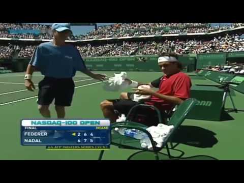 Roger Federer slamming his racket vs Nadal   Miami 2005 Final