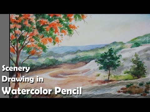 Mountains and Pine Tress Watercolor Pencil Landscape Drawing | steps to follow