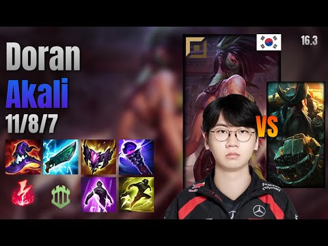 Doran Top Akali vs Gangplank lol KR solo rank Full Game 16.3 | 도란 아칼리 vs 갱플랭크