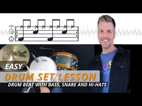 Easy Drum Set Lesson for Kids | Beginner Drum Beat with Bass, Snare and Hi-Hats