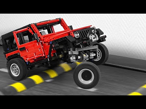 Cars vs MASSIVE Speed Bumps. JEEP Wrangler Lego technic on a treadmill